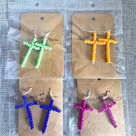 Set of 4 Seed Bead Cross Earrings Bluish Purple, Pink, Lime Green, Orange - Picture 1 of 5